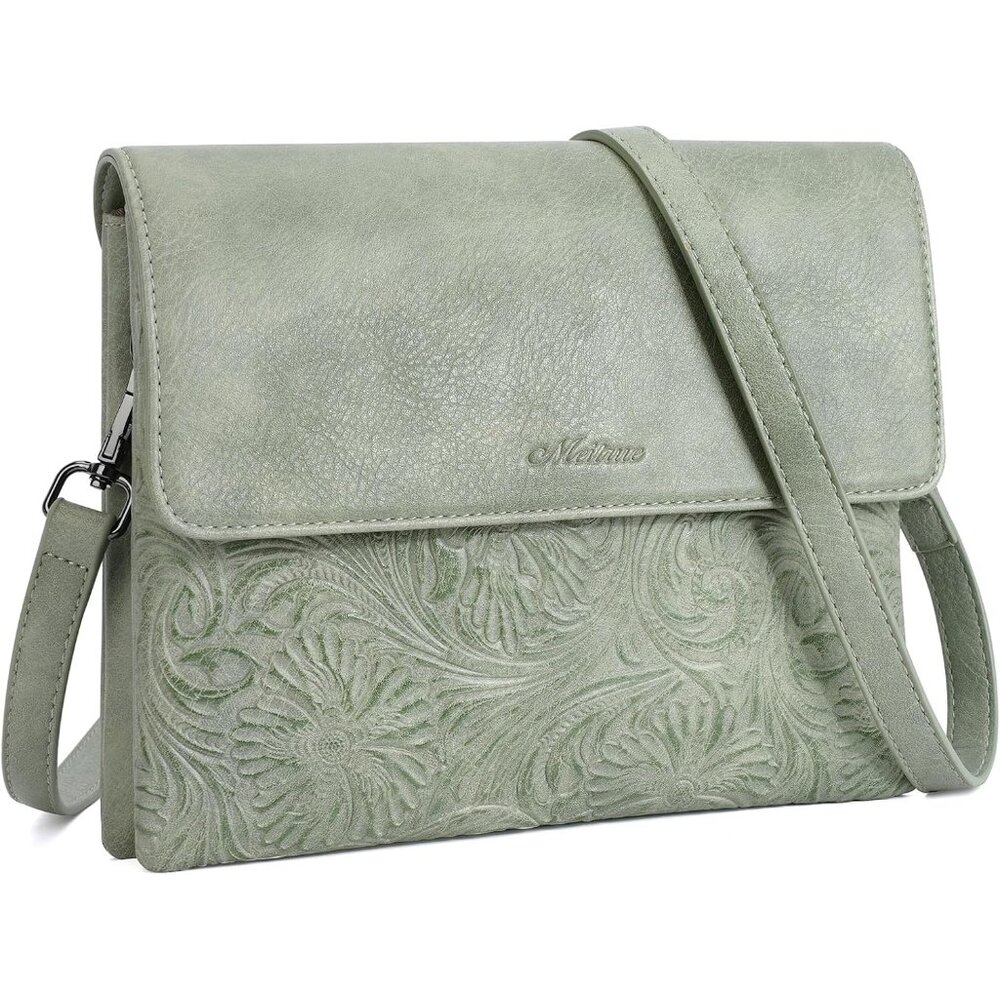 〽️Women Green Vegan Leather Cell Phone Purse with Adjustable Strap Crossbody Bag